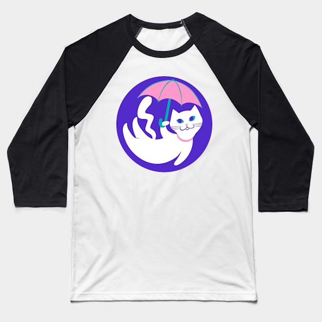 White Cat/ Pink Umbrella Baseball T-Shirt by Nobody's Sweetheart